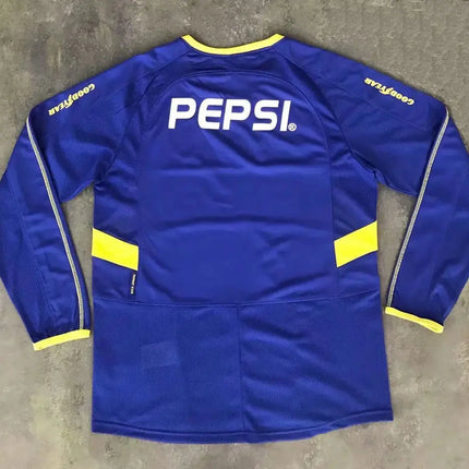 Maglia a maniche lunghe retro boca juniors home 2003 04 blu con accenti gialli e logo pepsi bianco sul retro
