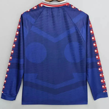 Maglia maniche lunghe retro universidad de chile home 1996 97 blu con motivi circolari rossi e bianchi sulle maniche