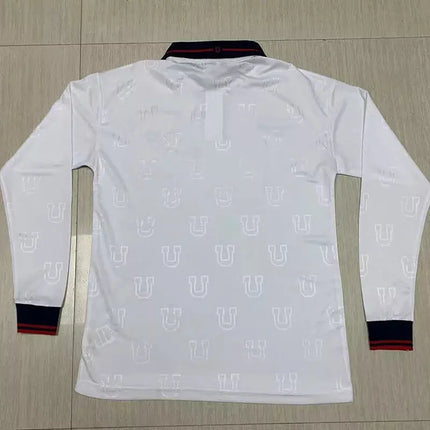 White long-sleeved polo shirt maglia maniche lunghe universidad de chile trasferta 1998 99 with subtle u logo pattern and navy-red collar and cuffs trim