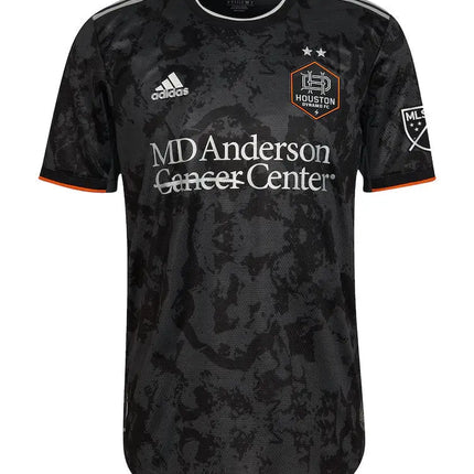 Maglia mls houston dynamo fc trasferta 2022 23 nera con motivo mimetico sottile bordo arancione adidas e sponsor