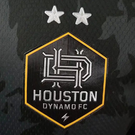 Maglia mls houston dynamo fc trasferta 2022 23 nera con stemma esagonale argento e rifiniture gialle con due stelle bianche