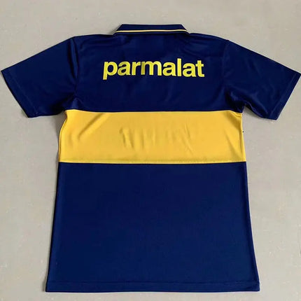 Maglia retro boca juniors home 1994 95 vista posteriore con righe blu e gialle e parmalat giallo sul retro