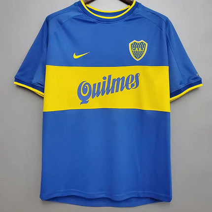 Maglia retro boca juniors home 1999 2000 nike calcio blu e gialla con fascia orizzontale e logo quilmes