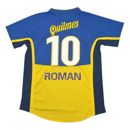 Retro maglia calcio boca juniors home 2001 02 blu e giallo vista posteriore con numero 10 e nome roman