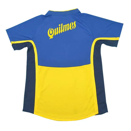 Maglia retro boca juniors home 2001/02 blu e gialla con pannelli laterali blu navy e logo quilmes corta a maniche corte