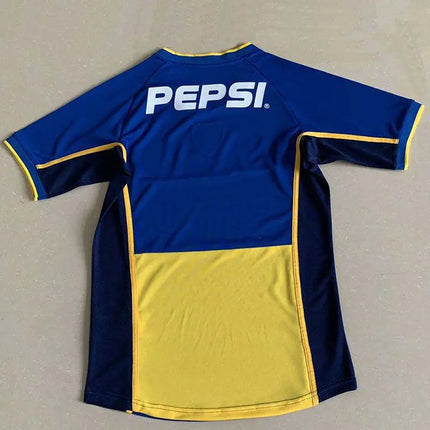 Retro boca juniors maglia casa 2002 03 vista posteriore rash guard maniche corte blu e giallo con logo pepsi bianco