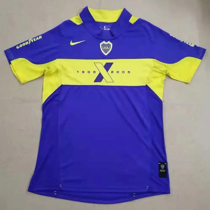Maglia retro boca juniors home 2005 06 viola e gialla con fascia orizzontale e stemma commemorativo