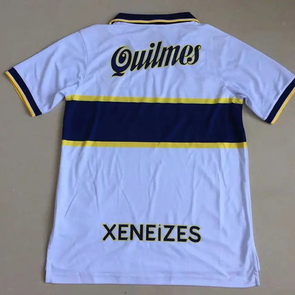 Maglia retro boca juniors trasferta 1996 97 bianca con righe blu navy e gialle e scritte quiltmes e xeneizes sul retro