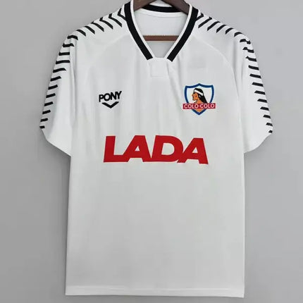 Maglia retro colo-colo home 1991/92 bianca con maniche a righe nere e bianche e logo lada rosso sul petto