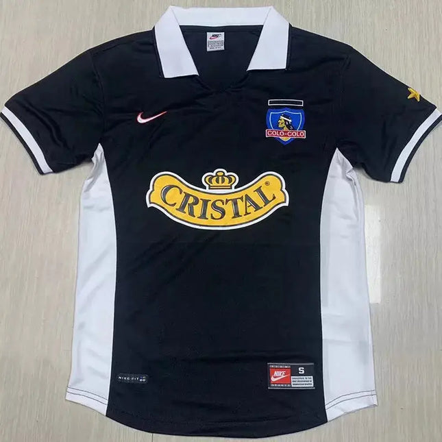 Maglia retro colo colo trasferta 1997 98 nera con colletto bianco e logo sponsor giallo cristal con corona