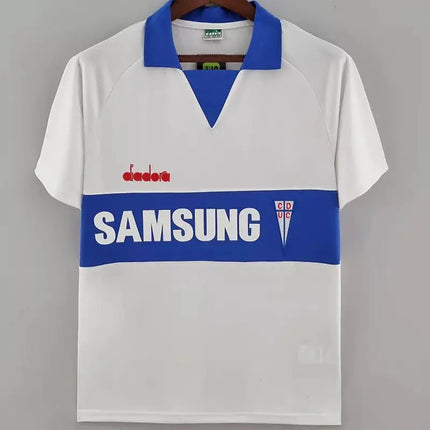 Maglia retro universidad catolica home 1993/94 bianca e blu con fascia samsung visibile sul petto