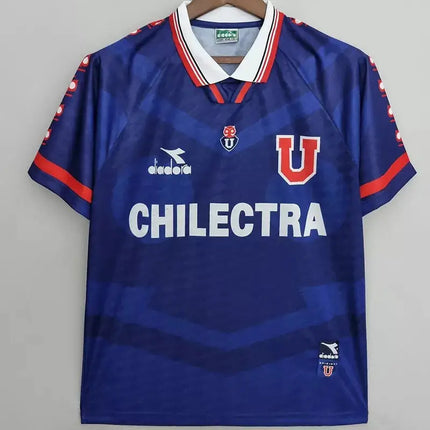 Maglia retro universidad de chile home 1996 97 blu con logo u e scritta chilectra rossa e bianca sul petto