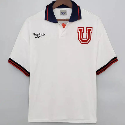 Maglia retro universidad de chile trasferta 1998 99 polo reebok bianca con colletto blu e trim rosso con logo u rosso sul petto