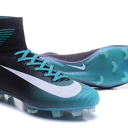 Scarpe da calcio nike mercurial superfly v replica nere e turchesi con design alto e tomaia in mesh traspirante